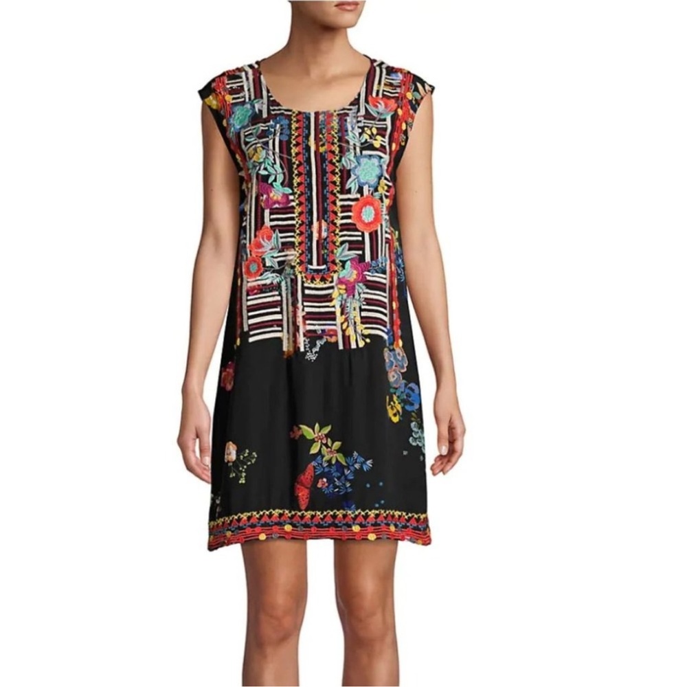 Johnny Was & Biya Silk Large Black Colorful Flower Embroidery Midi Dress